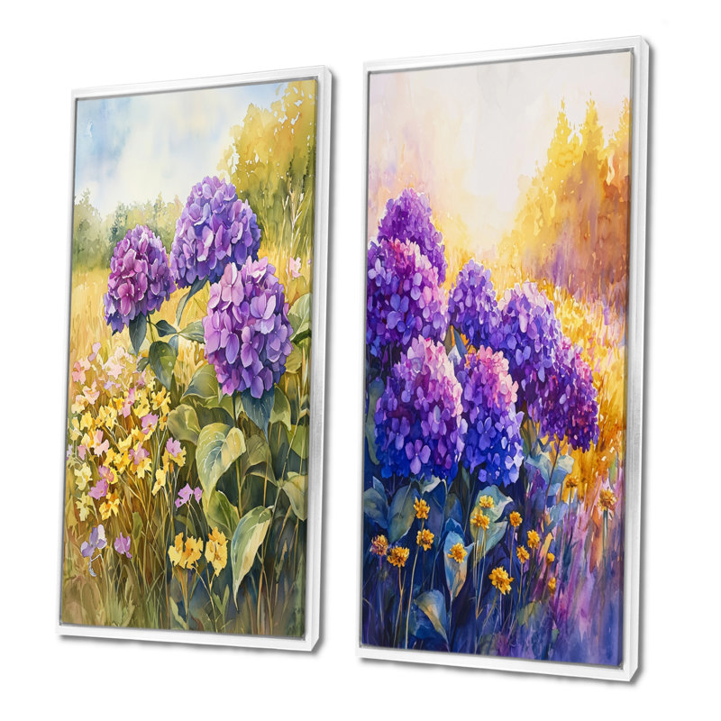 Hydrangeas In A Sunlit Field I - Floral Canvas Prints 2 Panels Collection, H 40 po x l 41 po, Cadre flottant blanc