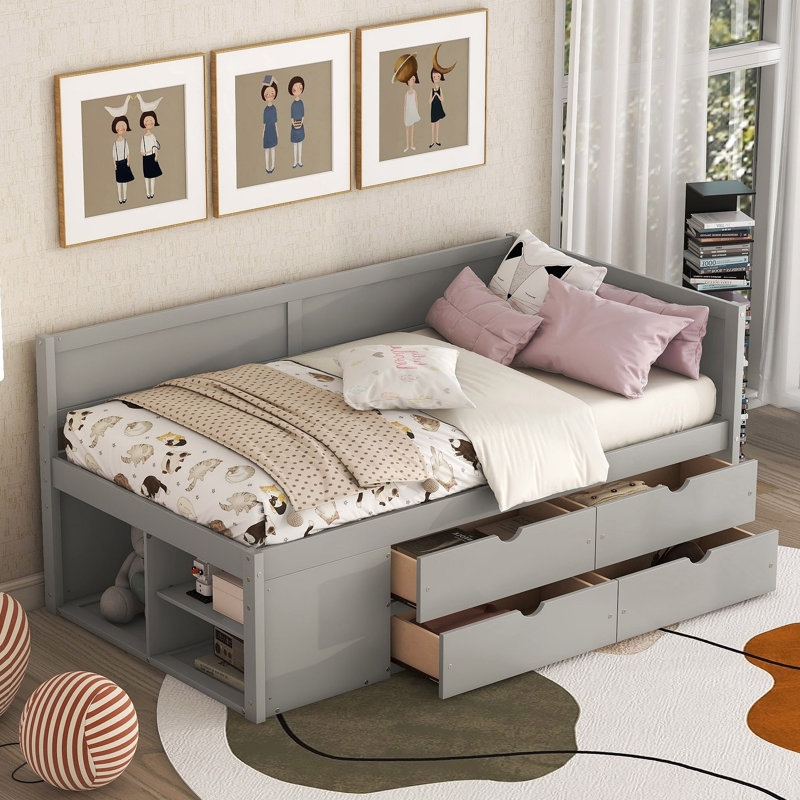 Lit de jour avec tiroirs et tablettes, Gris, Lit simple