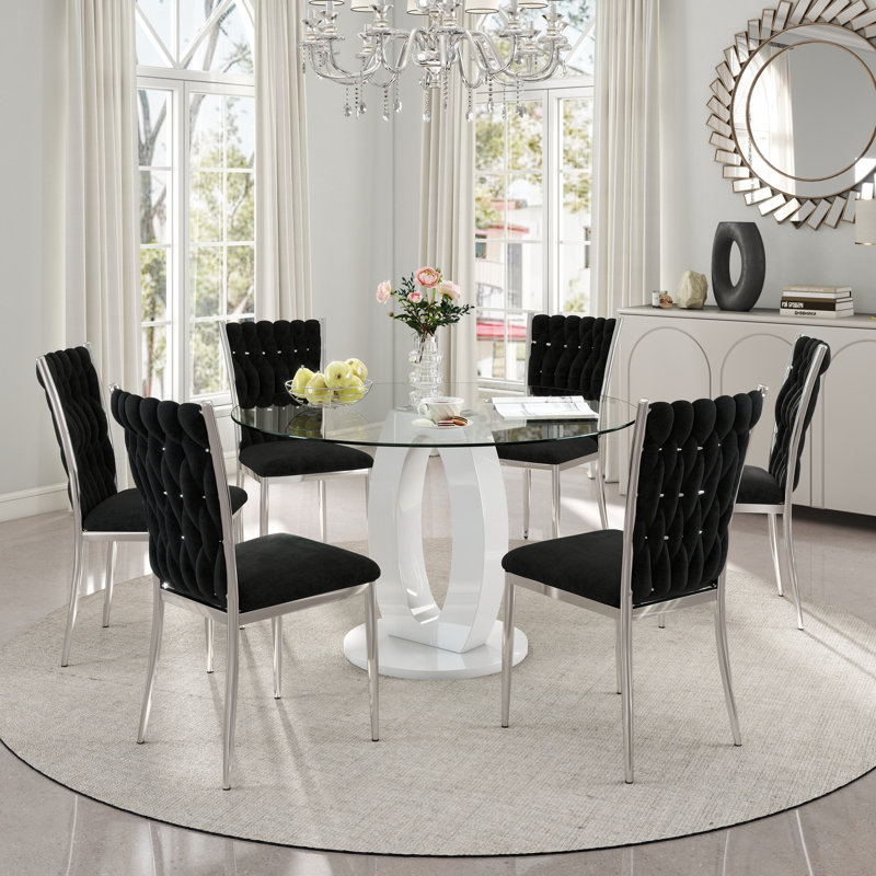 Table de salle à manger ronde en verre, table à piédestal en forme de O avec chaises rembourrées en velours, 7, Gris, Argent