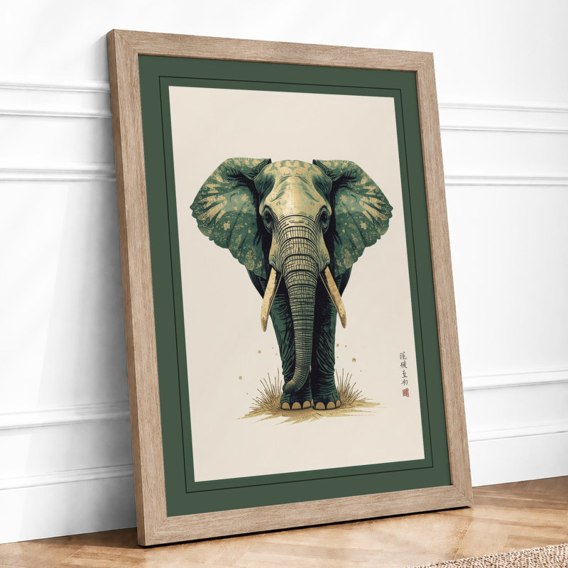 Elephant Portrait Japandi - Framed Print, Oak, A4 - 29.7 x 21.0 cm
