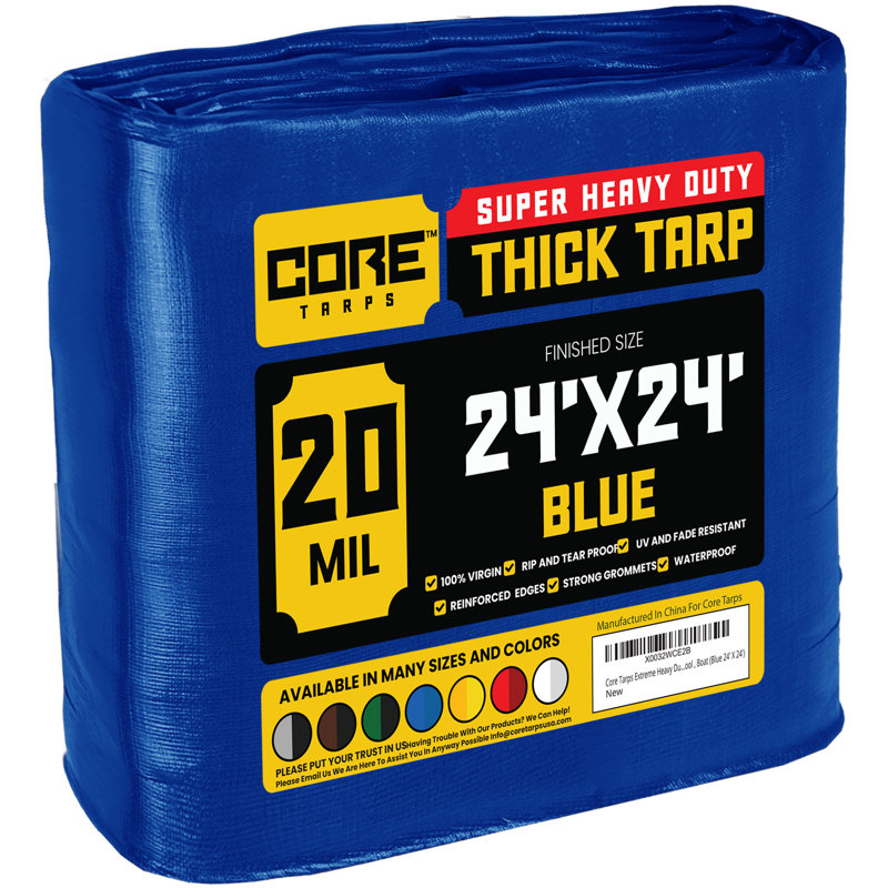 Bâche en polyéthylène robuste de 20 mil, imperméable et résistante aux rayons UV, Bleu, 24 pi x 24 pi