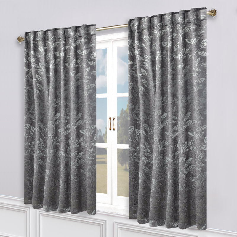  Rideaux occultant 100% polyester à motif de feuilles, Noir nickel, L 52 po x L 84 po