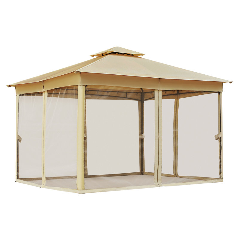 Pavillon de jardin rigide, pavillon double en polyester pour l'extérieur, pavillon permanent à structure en acier avec rideaux et filet, parasol pour le jardin, pelouses