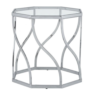 Briseis 24 In. Chrome Hexagonal Tempered Glass End Table With Curved Metal Legs