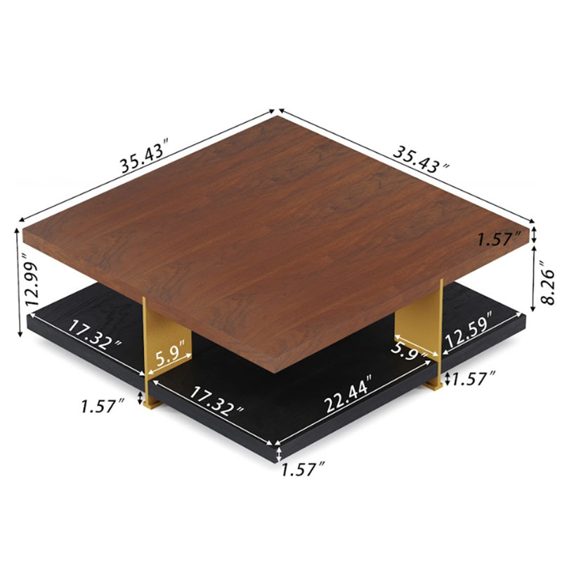 Table carrée moderne minimaliste et créative à double couche avec pieds en métal doré, table basse en bois massif, table d'appoint supérieure de couleur noyer noir.