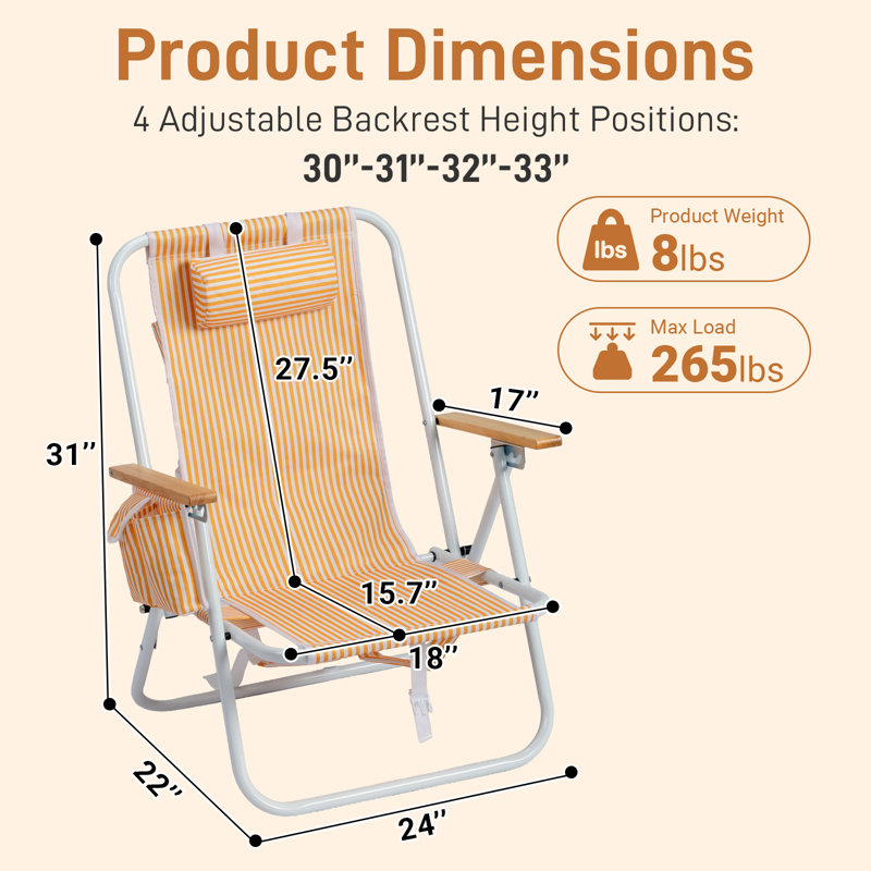 Folding Beach Chair With Wooden Armrest, Orange