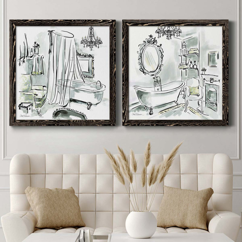 «Opulent Bath I», ensemble de 2 peintures sur toile encadrées, Cadre noir, H 27,5 po x l 55 po x P 1,5 po