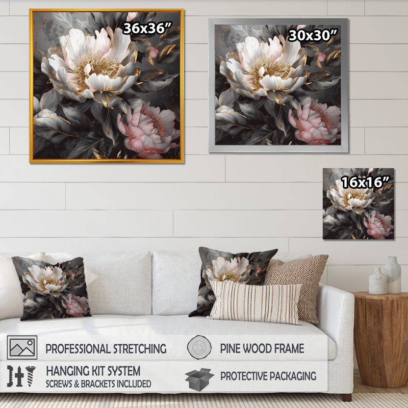 Pink Grey Peonies Blooming II - Print, 30" H x 30" W, Wrapped Canvas