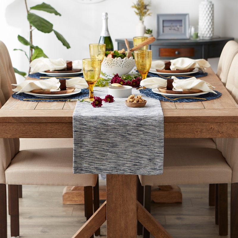 LEATHER BROWN/OFF-WHITE TONAL RECYCLED COTTON SLUBBY RIB TABLE RUNNER 14X108, 72" x 14", Navy/Off White