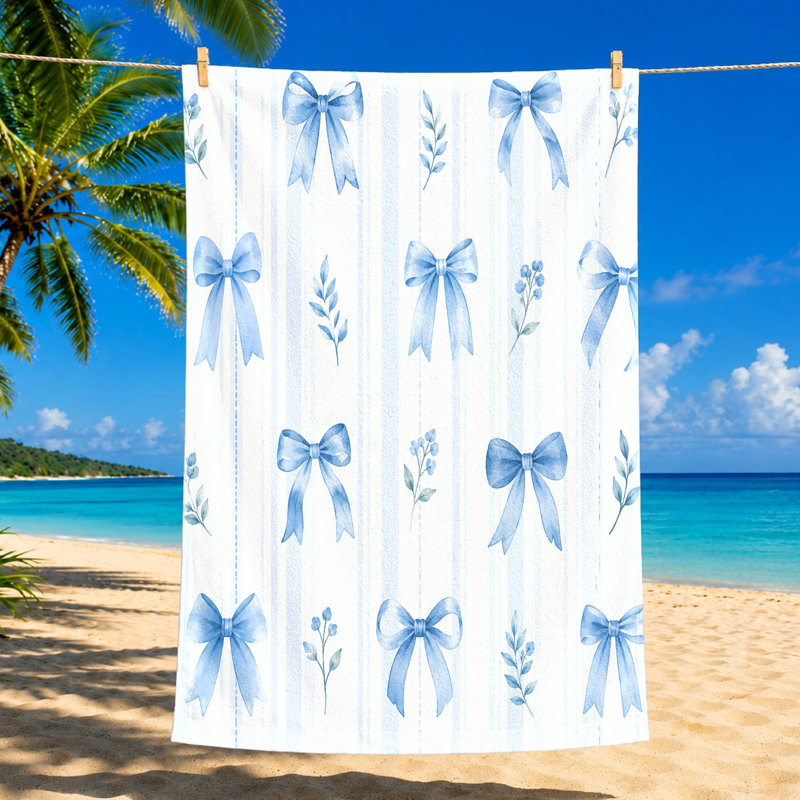 1Pcs Cute Bow Pattern Beach Towel, Featuring Watercolor Blue Bows and Delicate Leaf Sprigs on a White Striped Background. Large Microfiber, Perfect for, Swimming, Travel, Camping, Unisex.