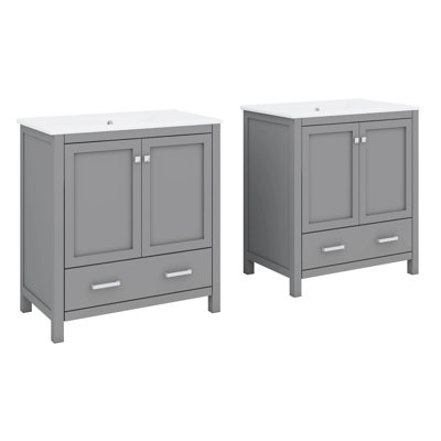 Ensemble de meuble-lavabo moderne 60 po - Lavabos doubles en céramique, tablette de rangement et tiroirs divisés, meuble-lavabo double spacieux