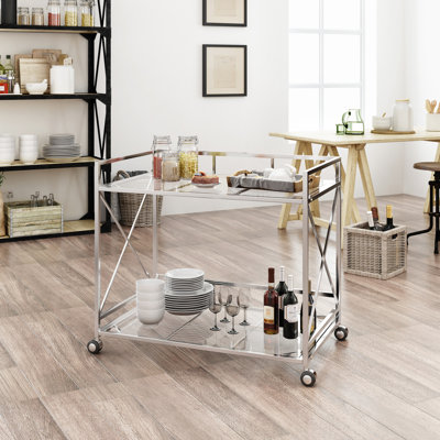 Spacieux meuble de réception en argent - Chariot-bar en verre et boissons