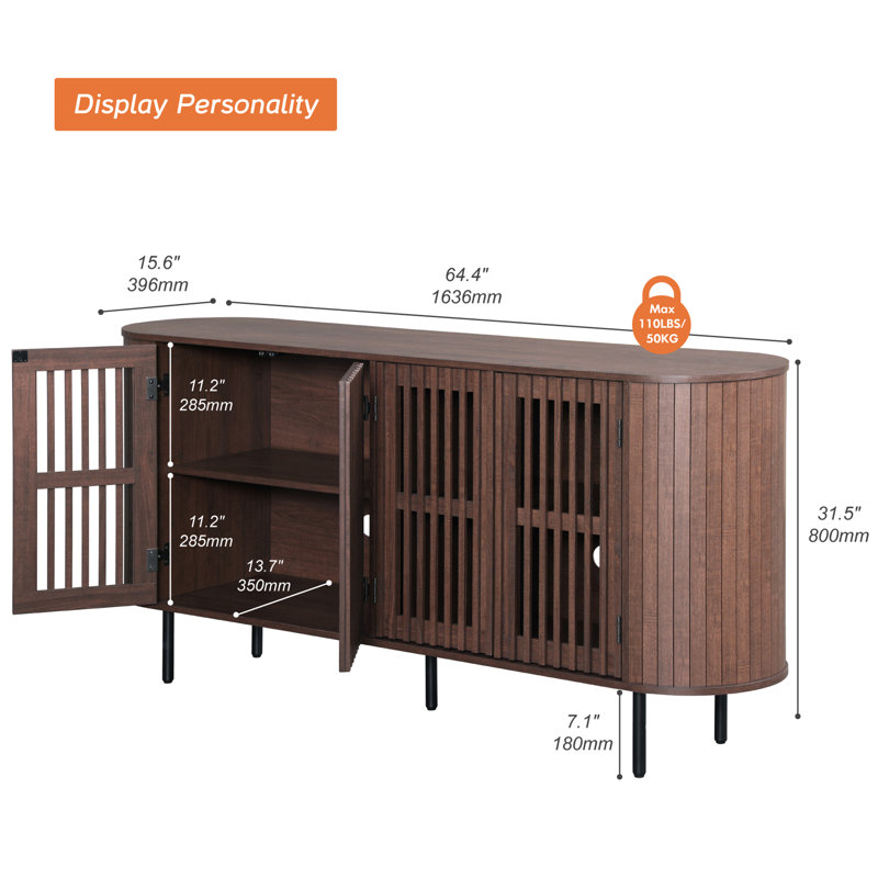 64" Sideboard With Slatted Design, Ideal For Bedroom, Living Room, And Entryway, Brown