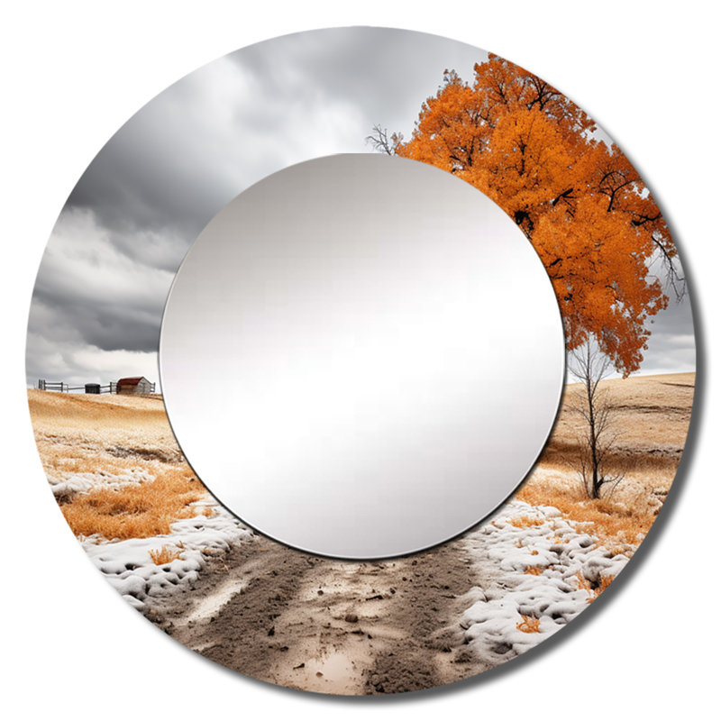 Farmhouse Orange And Grey Harmony - Farm Mirror, Yellow Round Unique Wall Mirror, Printed Metal Art, 23" x 23"