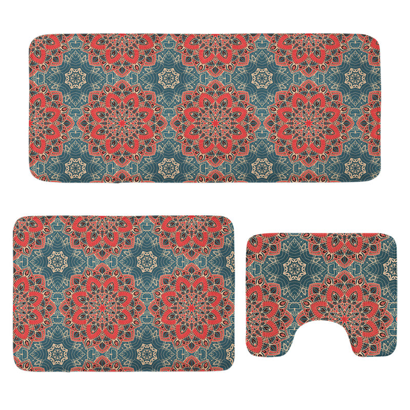  Ensemble de tapis de salle de bain 3 pièces Mandala, corail foncé et bleu ardoise