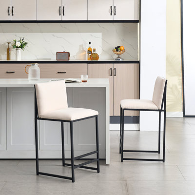 Ensemble de 2 tabourets de bar à hauteur de comptoir, chaises de bar rembourrées en lin, repose-pieds et structure en métal pour la cuisine, la salle à manger