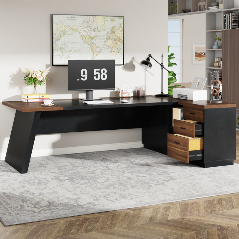 L-Shaped Executive Office Desk with Drawers and File Cabinet, Light Walnut/Black