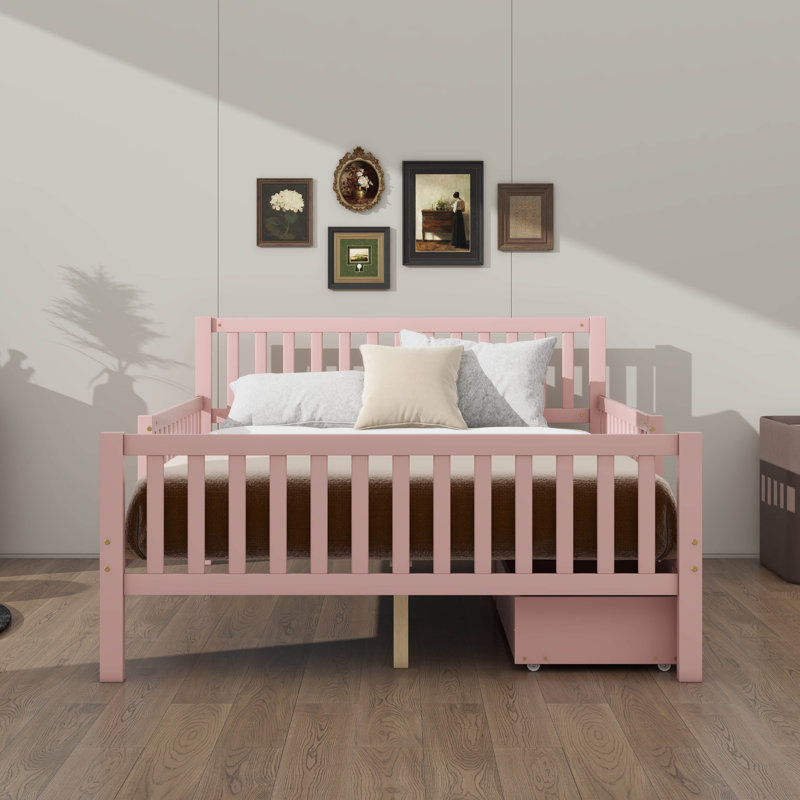 Lit plateforme double en bois avec garde-corps des deux côtés, incluant deux tiroirs de rangement, Rose