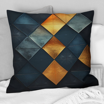 Coussin décoratif à imprimé géométrique abstrait «Golden Diamond Rising On» bleu marine rétro