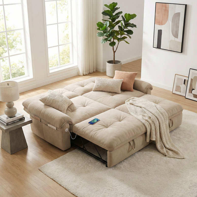 77'' Wide Convertible Sofa with Adjustable Back, Brown