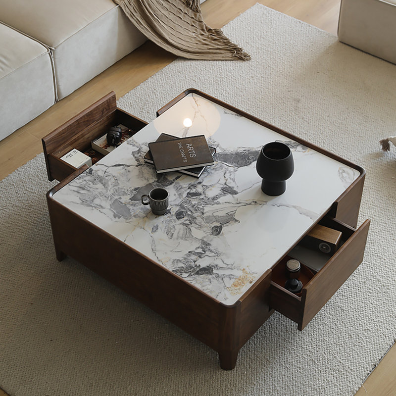 Table basse luxueuse en noyer noir clair, H 16,1 po x L 47,2 po x l 47,2 po