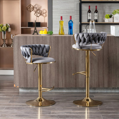 2 tabourets de bar, rembourrage gris, base et repose-pieds, ensemble de tabourets pivotants à hauteur réglable, velours, pieds dorés, avec différents espaces