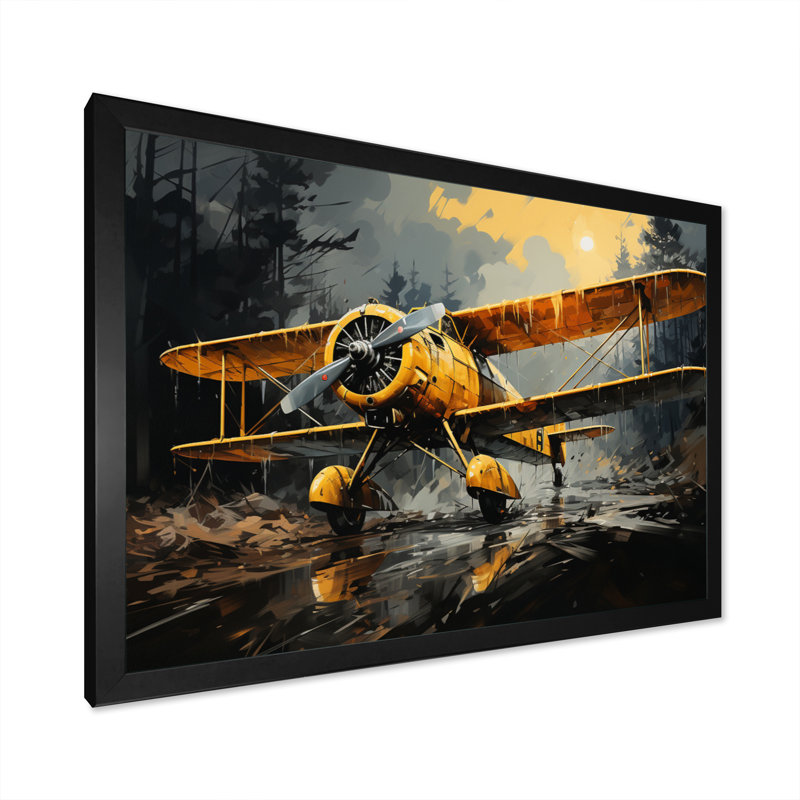 Avion jaune en forêt - imprimé, Cadre simple noir, H 34 po x l 44 po x P 1,5 po