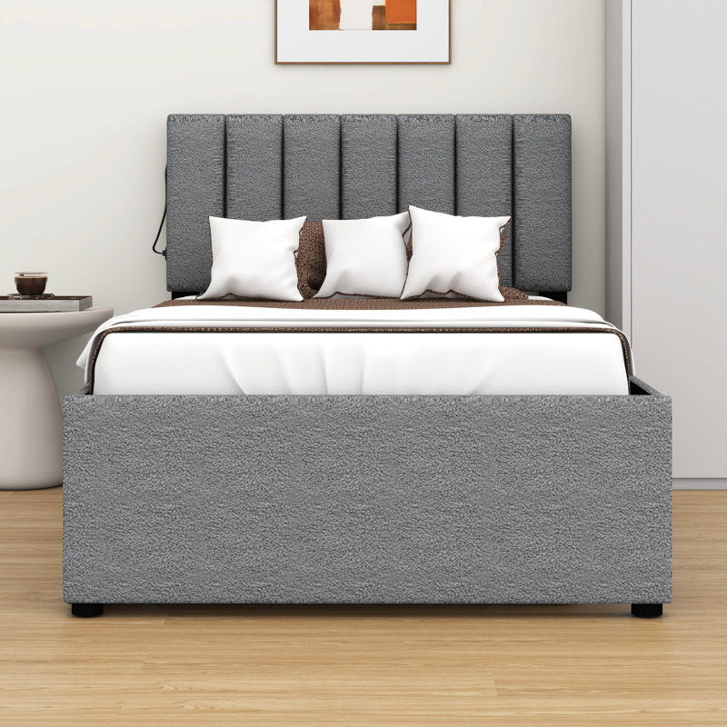 Lit plateforme tapissier simple Teddy, Gris
