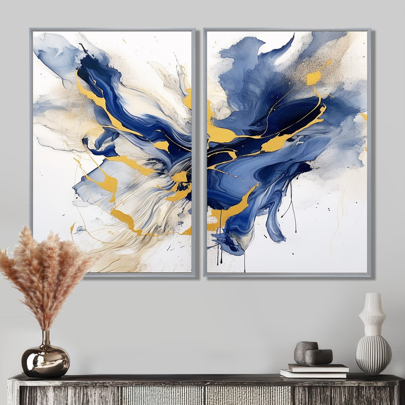 «Dark Blue and Gold Strokes», art mural encadré Fractals, 36" H x 48" W, Impression encadrée flottante, Silver