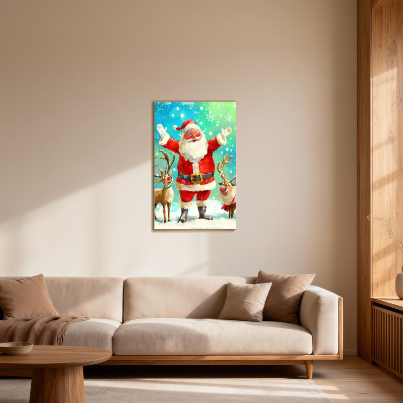 Père Noël avec des rennes dans une scène enneigée, H 48 po x l 32 po
