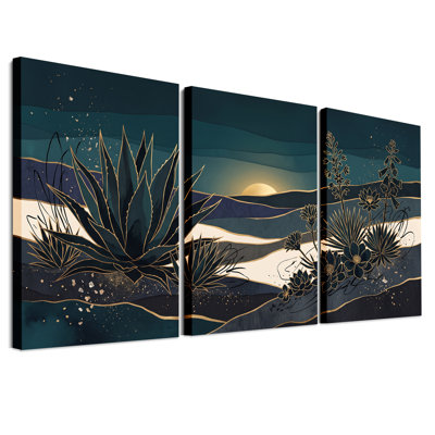 Agave et fleurs du désert en bleu sarcelle et or, ensemble de 3 toiles