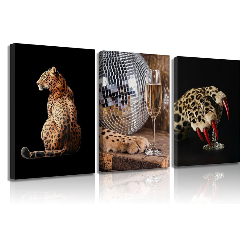 3 pièces léopard, art mural, impressions de léopard, œuvre d'art, boule disco moderne, griffes, décoration murale, salon, chambre à coucher, filles, bureau, décoration de la maison, 16 x 24 po