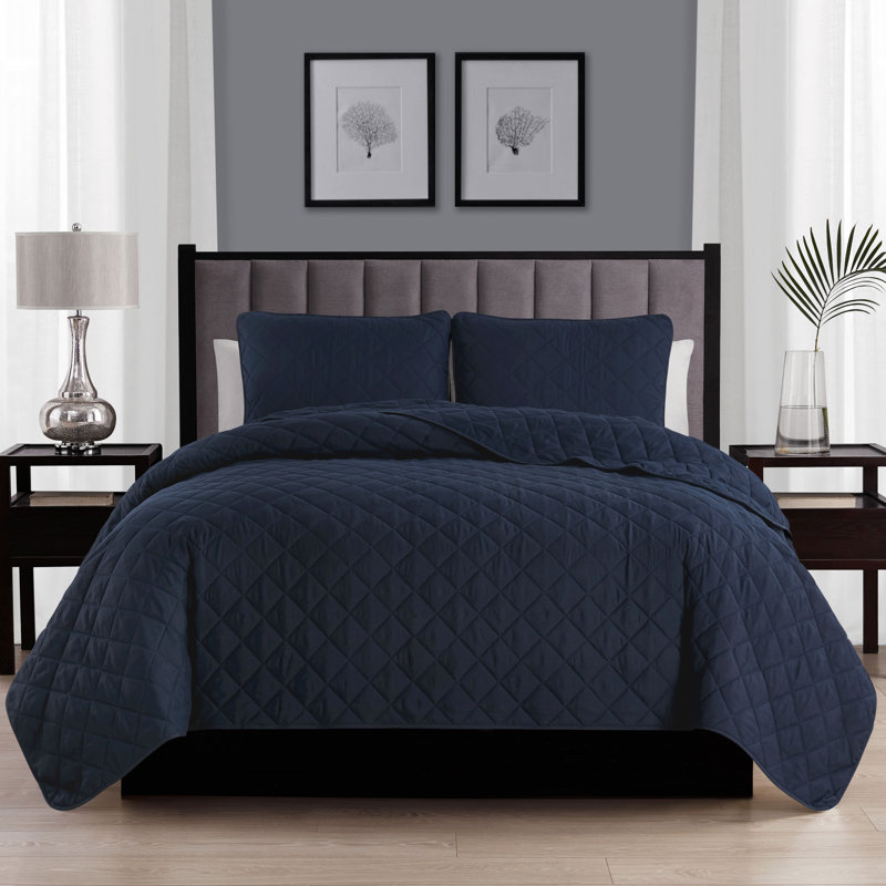 Wayfair Basics® Microfiber Reversible Diamond Quilt Set, Navy, Full/Queen Quilt + 2 Standard Shams