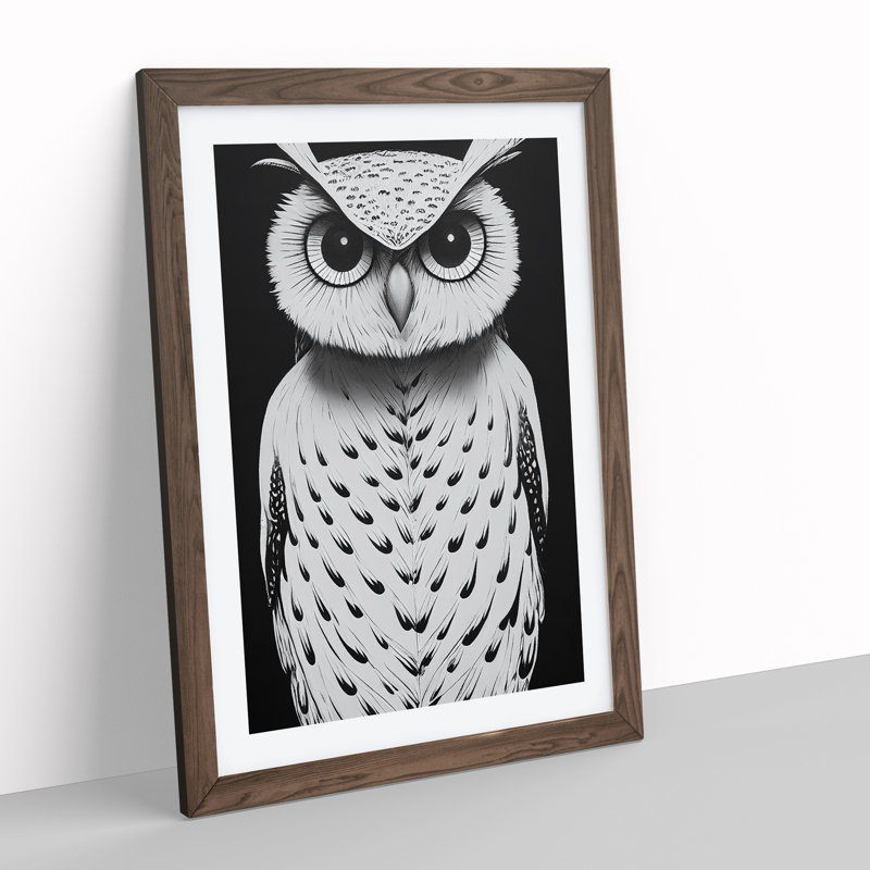 Owl Monochrome No.3 - Framed Print, 46cm H x 34cm W x 2cm D, Walnut