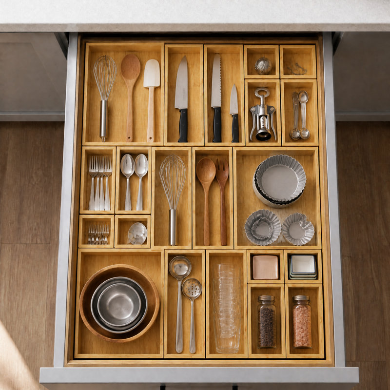 21-Piece Bamboo Drawer Organizer Set, Multi-Use Wood Tray Divider Bins for Kitchen, Bathroom, Office Desk and Makeup Organization