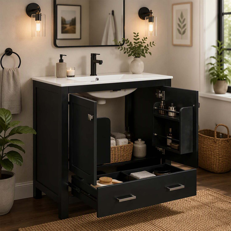 Meuble-lavabo noir de 76 cm (30 pouces) avec lavabo simple, meuble combiné, lavabo encastré et rangement multifonctionnel