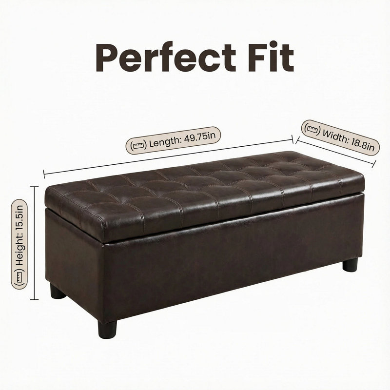 Repose-pieds avec rangement, banc de rangement, banc de chambre d'entrée touffeté, 49,75 pouces, charnières à couvercle facile à utiliser, pieds en bois, cuir synthétique, capacité de charge de 300 lb, brun