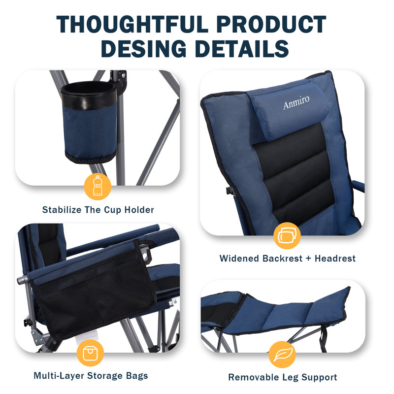 Adjustable Camping Folding Chair -5 Adjustable Angles With Detachable Footrests, Padded Pillow, Cup Holder & Carry Bag, 500 LBS Capacity-Blue