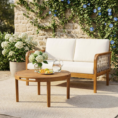 Loisada Outdoor 2-Piece Acacia Wood Conversation Set With Handwoven Rope & Cushions