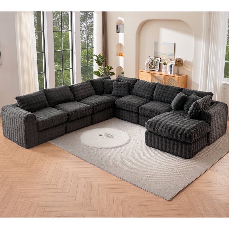 8 - Piece Compression Modular Upholstered Sectional, Gray Faux Fur