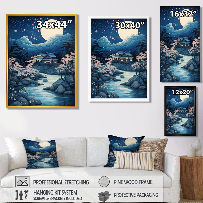 Pleine lune au bord de la rivière - Japon, art mural du salon, Toile noire avec cadre flottant, H 44 po x l 34 po x P 1,5 po