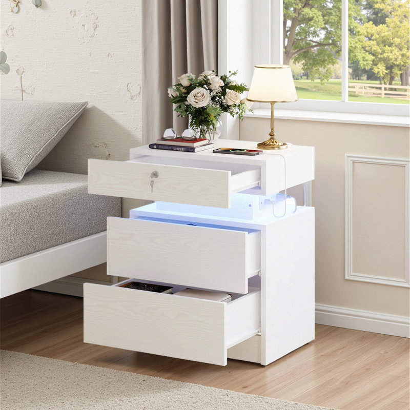 Table de chevet moderne à 3 tiroirs avec station de charge, table de chevet avec rangement et lumières à DEL, table de chevet en bois avec serrure, table de bout en bois pour la chambre à coucher