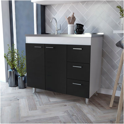 Armoire Ferretti, trois tiroirs, double porte, quatre pieds - blanc / noir
