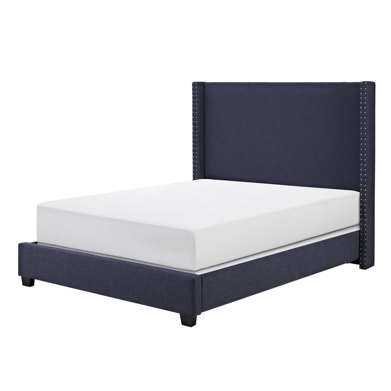 Lit standard rembourré Benedict, Lin marine, Grand