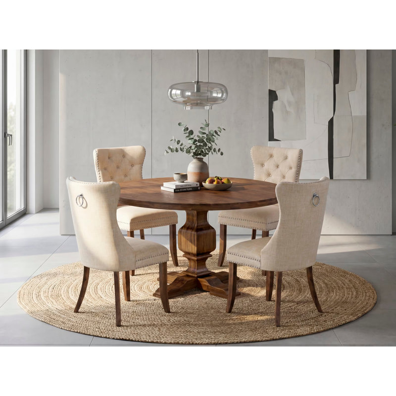 Ensemble de table de salle à manger 5 pièces en lin avec 4 chaises de salle à manger beige clair, des dossiers capitonnés et une table de cuisine ronde de 54 po au fini noyer antique.