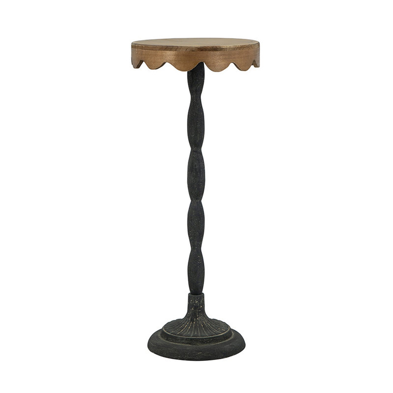 Black Iron Side Table with Scalloped Brown Wooden Top, 25.4" H x 10.4" W x 10.4" D