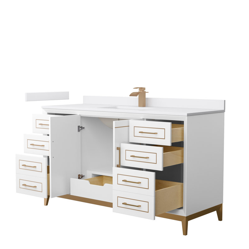 Marlena 60-Inch White Vanity with Cultured Marble Top and Satin Bronze Hardware