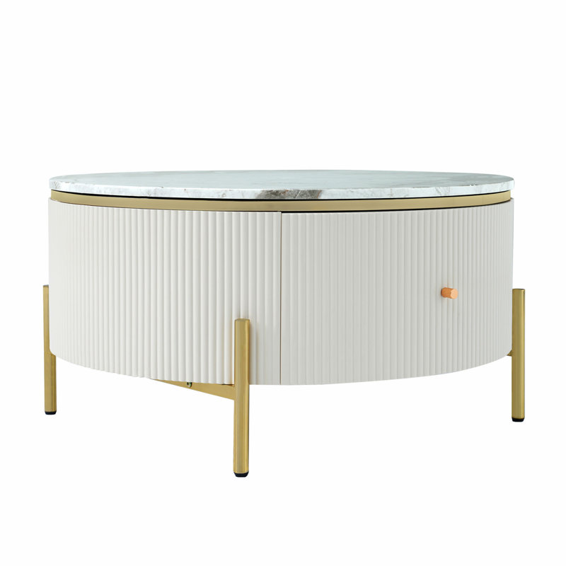  Baadur Modern Round Storage Coffee Table with Marble-Pattern Top and Drawers, Gray Marble, White