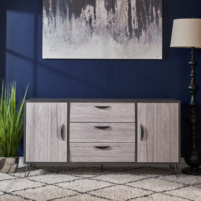  Buffet moderne avec deux portes, trois tiroirs de rangement et des pieds en épingle à cheveux en métal, gris