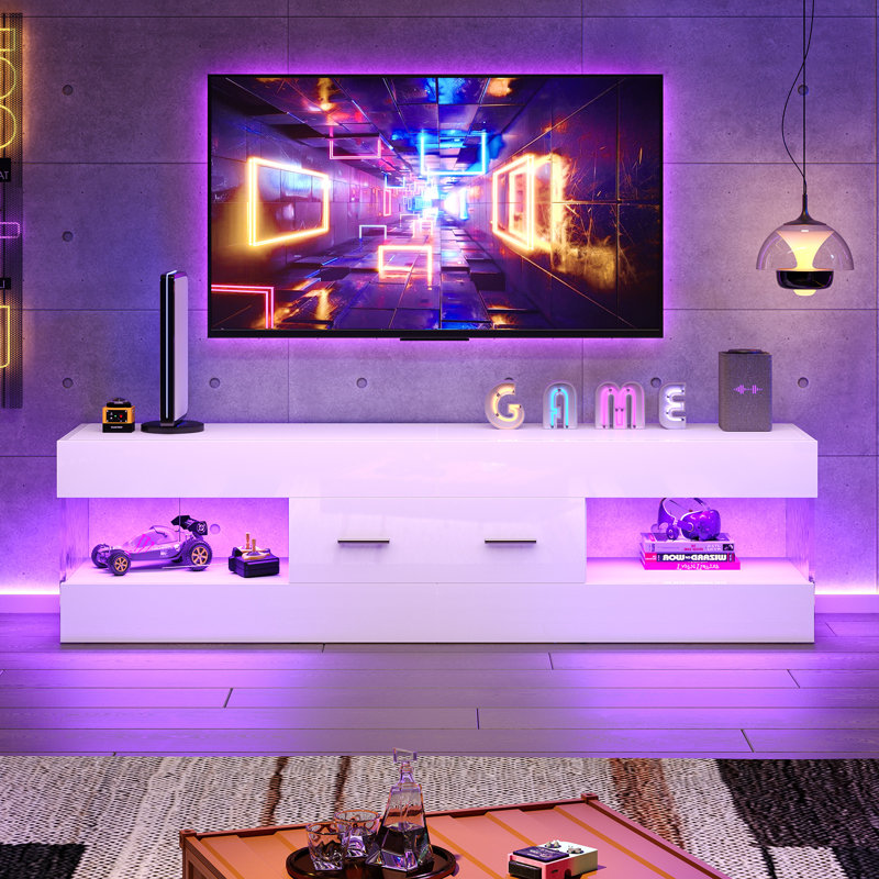 Modern Tv Stand For Tvs Up To 70" With Led And Drawer, White, 40cm H x 152.4cm W x 35cm D